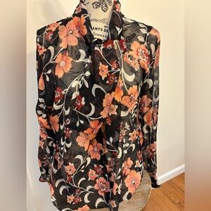 Talbots Women's Blouse Button Up Floral Silk Neck Tie Sheer Long Sleeve Top 14